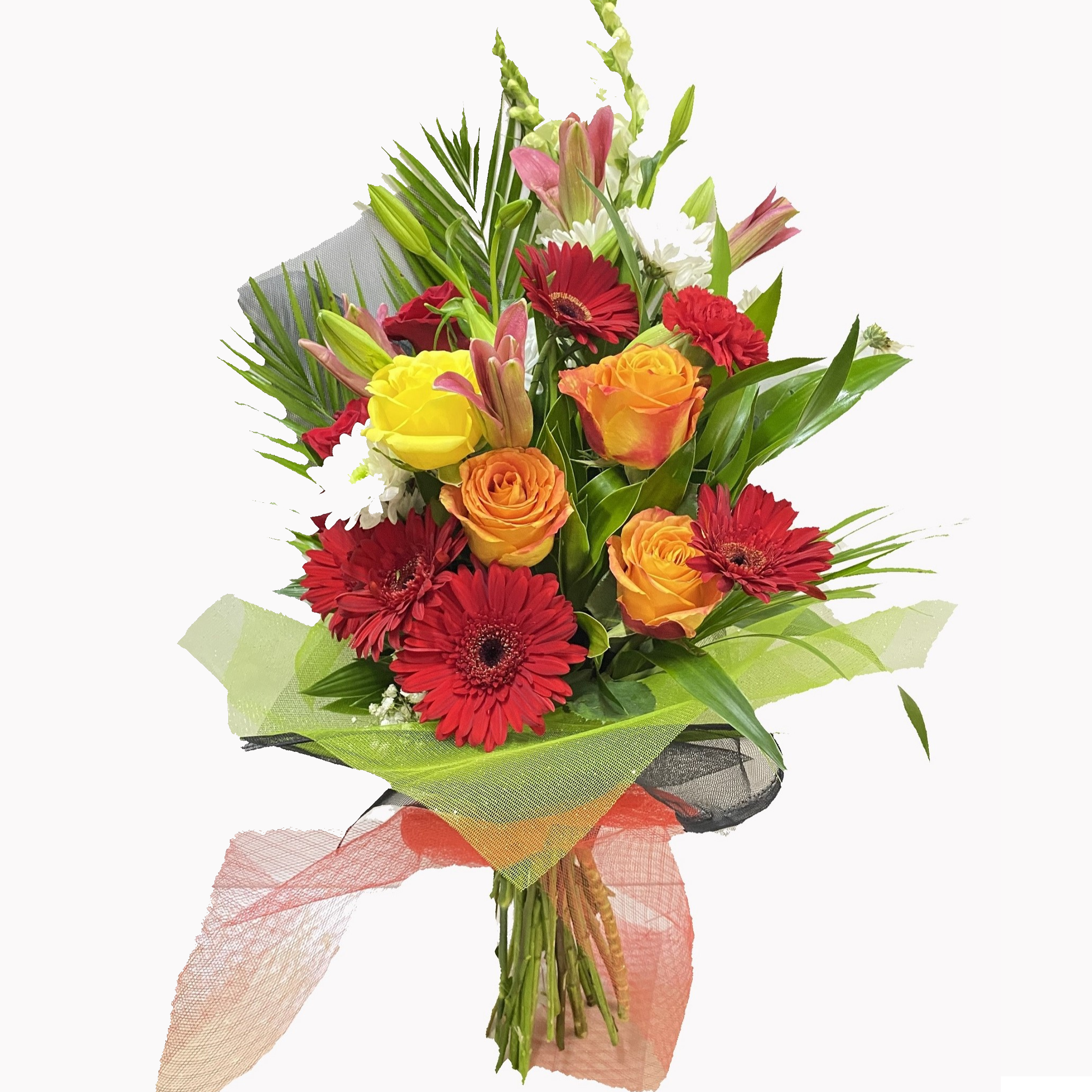 Boeket geel/oranje/rood/roze/wit