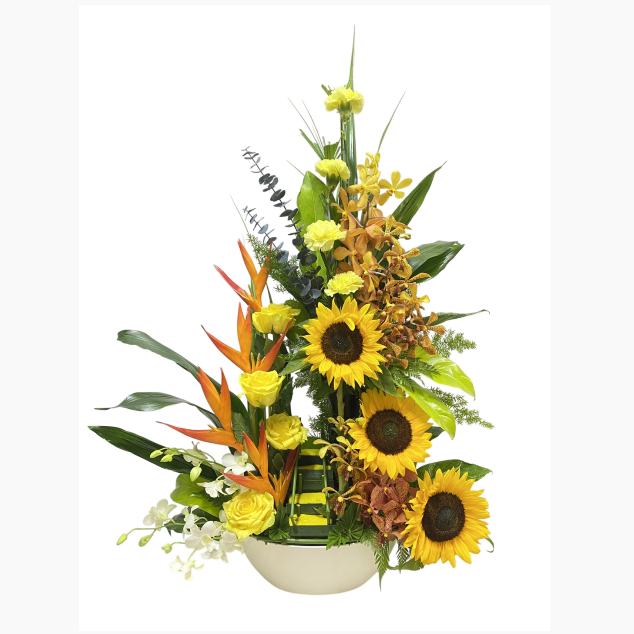 Bloemstuk geel/oranje/wit