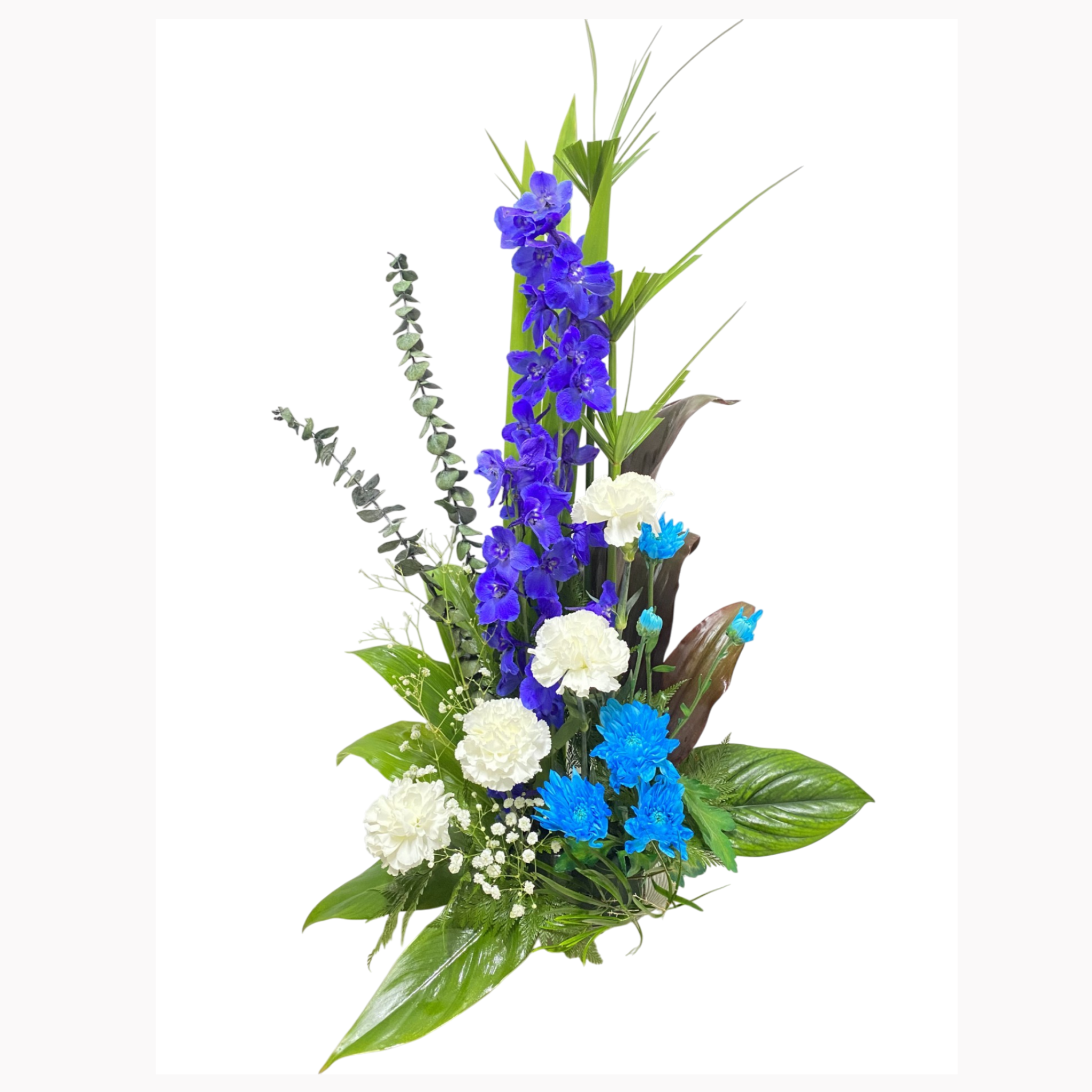 Bloemstuk blauw/paars/wit