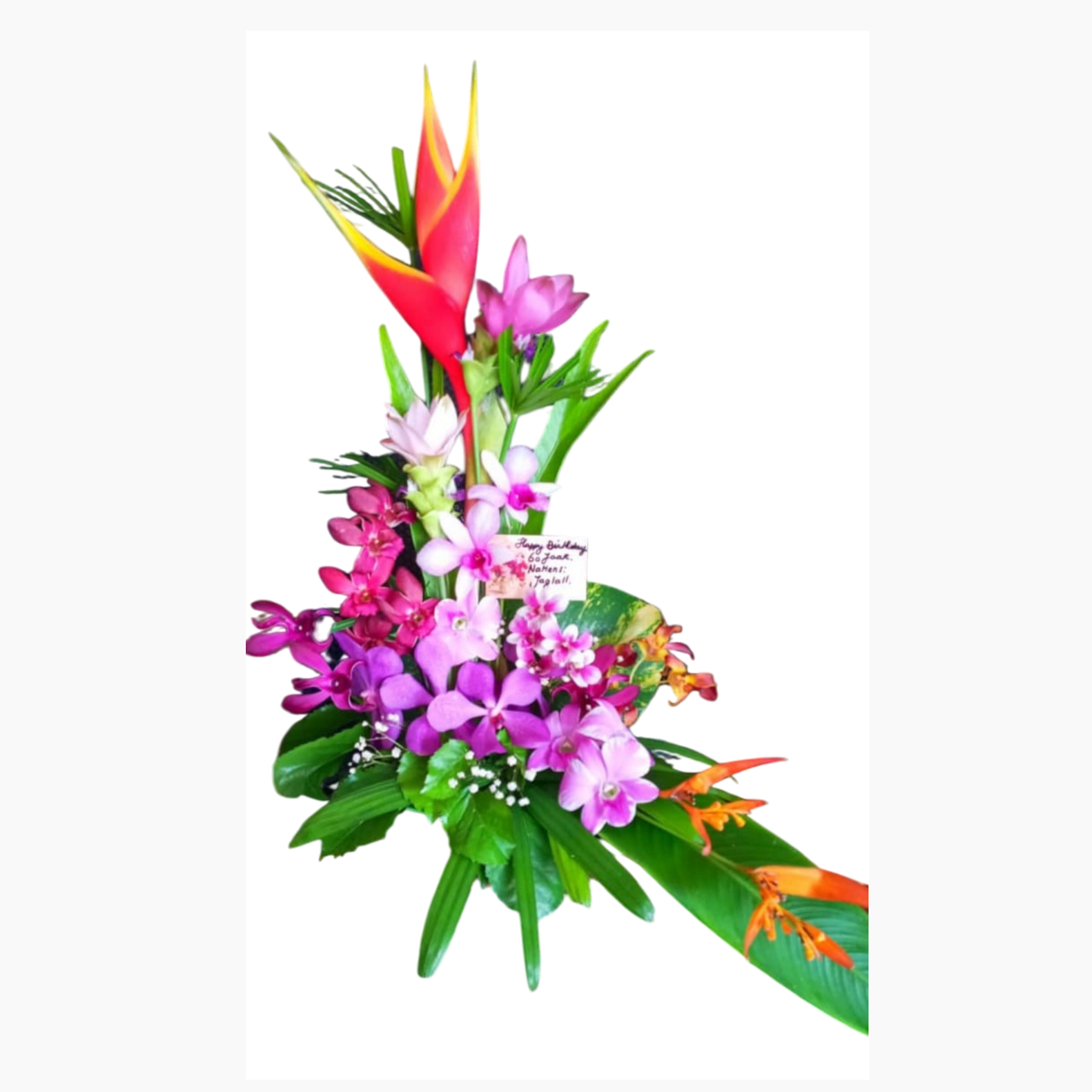 Bloemstuk oranje/paars/wit