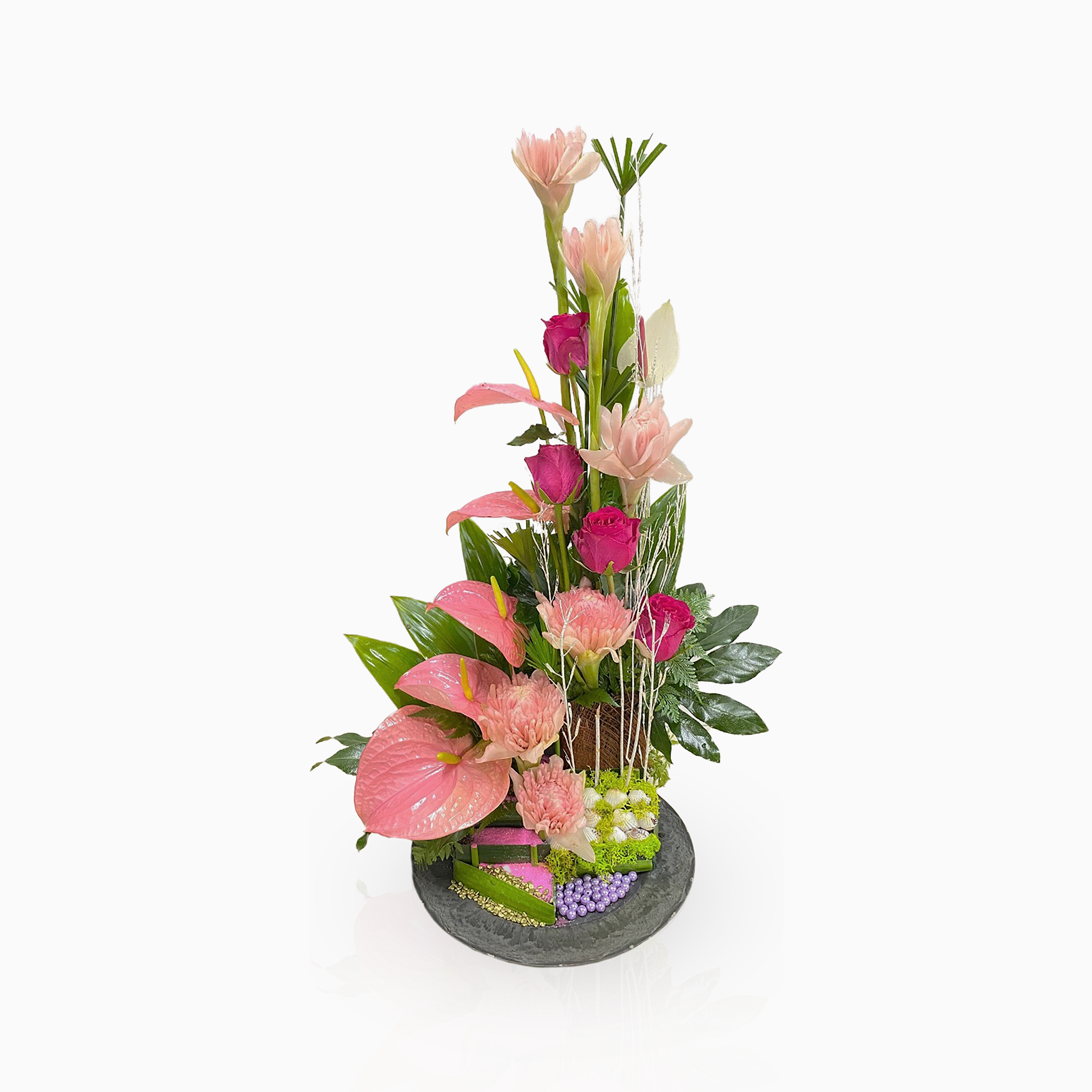 Bloemstuk roze/rood/wit