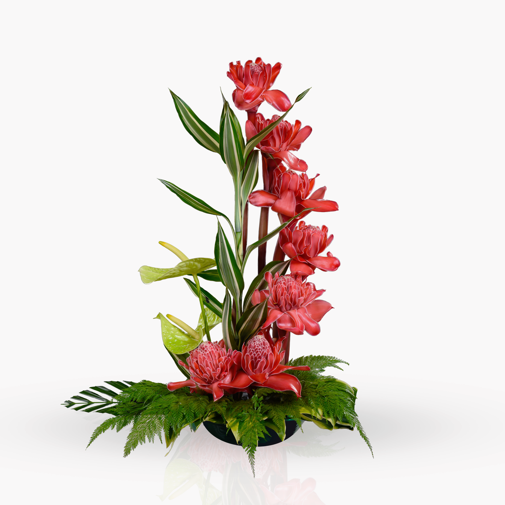 Bloemstuk geel/licht groen/rood