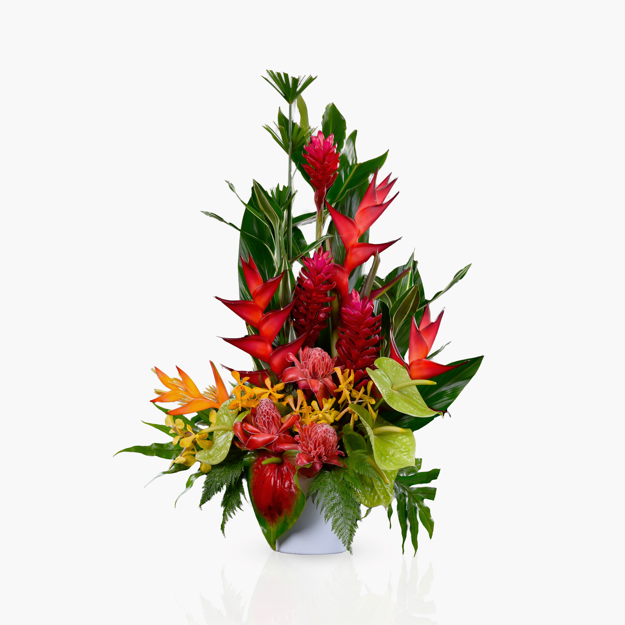 Bloemstuk geel/oranje/rood incl. vaas