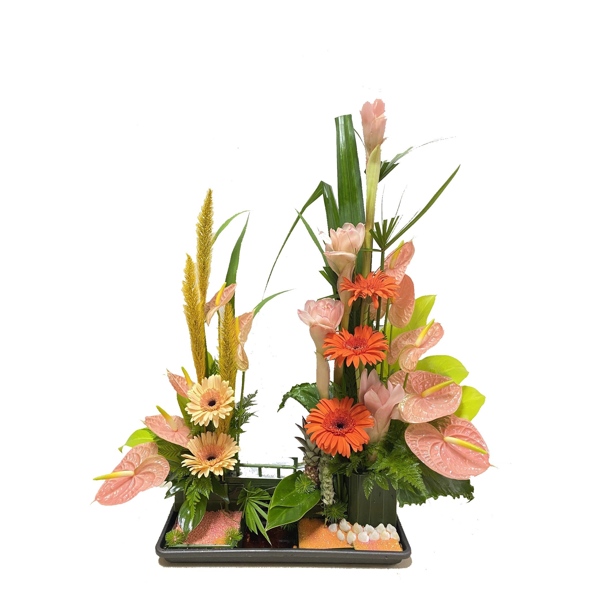 Bloemstuk geel/oranje roze