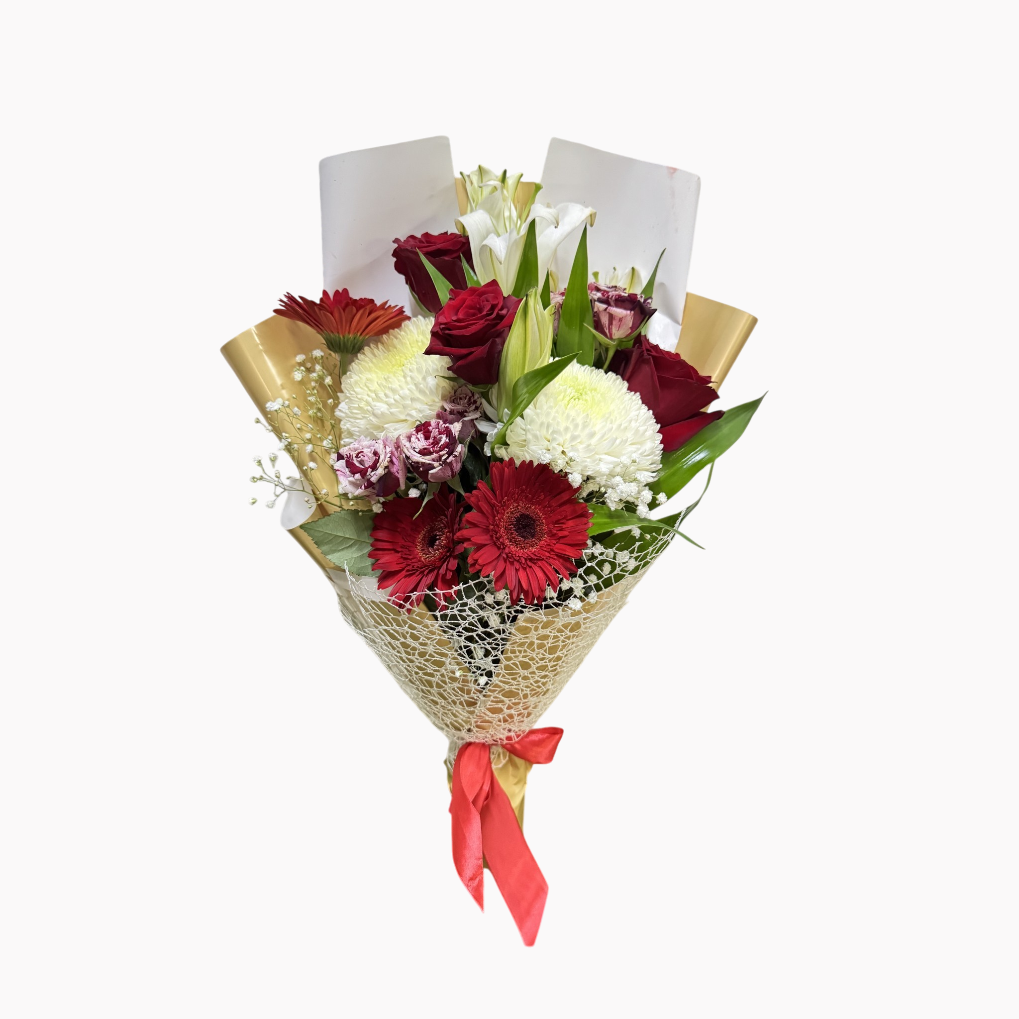 Boeket 36 paars/rood/wit