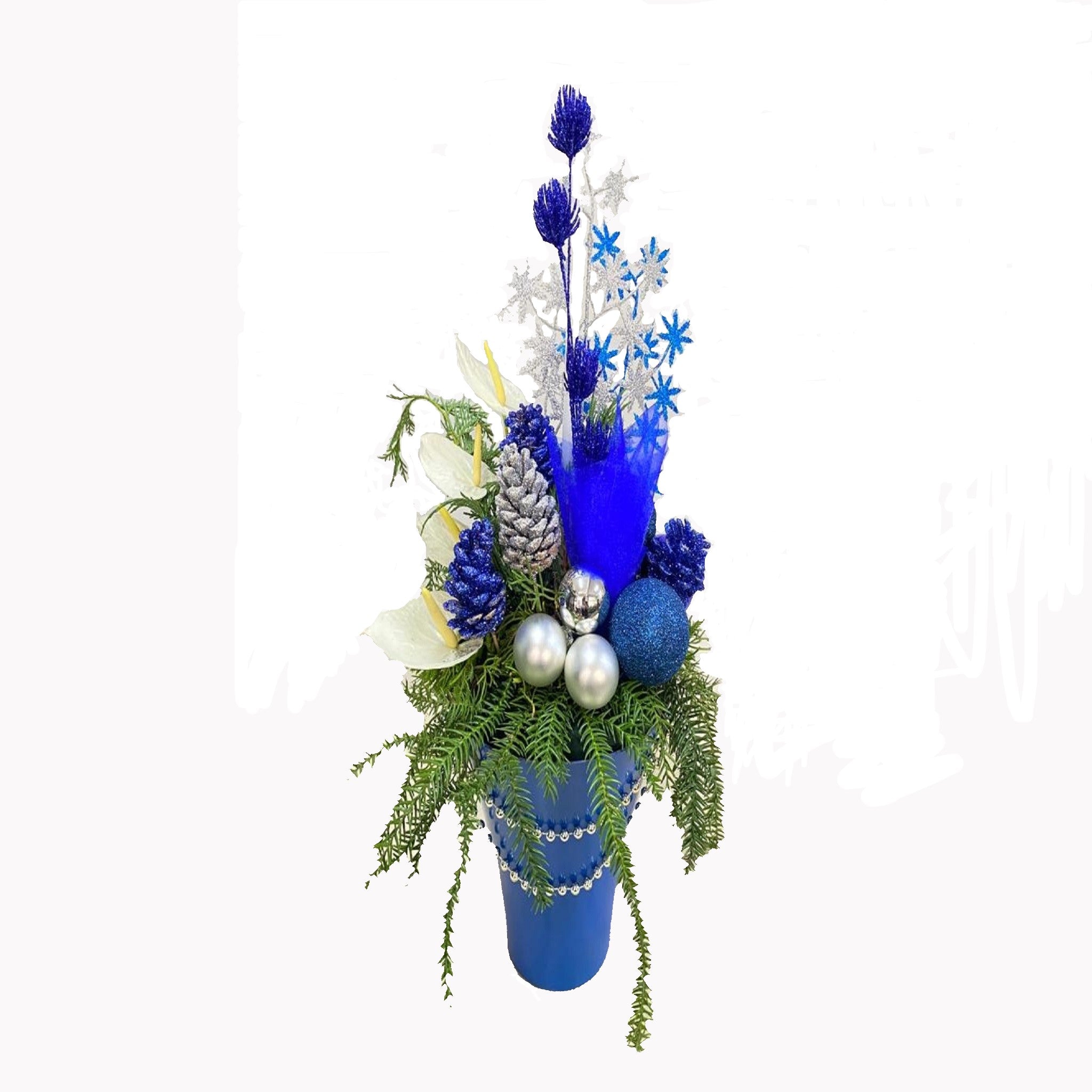 Kerststuk blauw/zilver/wit